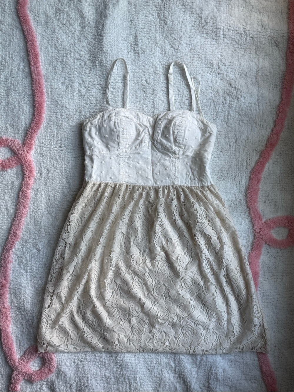 American Eagle Outfitters- AEO Cream Lace Bustier Boho Smocked Swiss Dot Dress